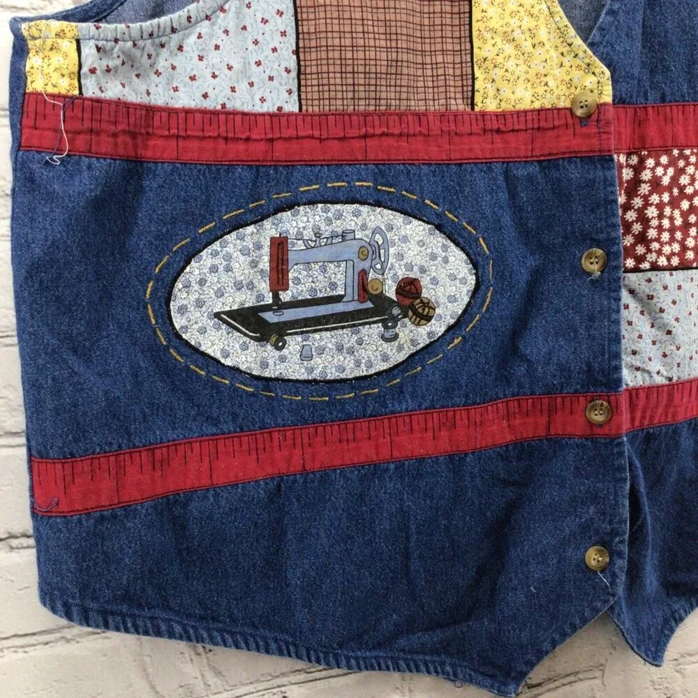 Vtg 80's Denim Vest Womens Sz‎ XL Sewing Theme Cottage Core Kitschy Grannycore